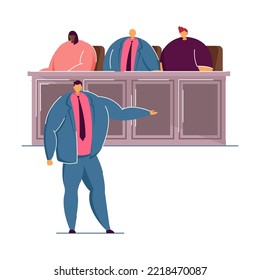Attorney speaking in courtroom. Lawyers making judgement in trial flat vector illustration. Justice, law concept for banner, website design or landing web page
