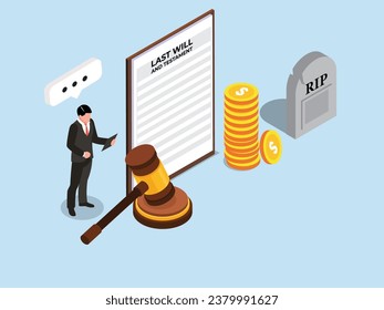 Attorney working with act of inheritance and testament isometric 3d vector illustration concept