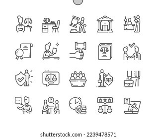 Attorneys. Courthouse, balance, gavel, law. Rating attorney. Jury. Pixel Perfect Vector Thin Line Icons. Simple Minimal Pictogram