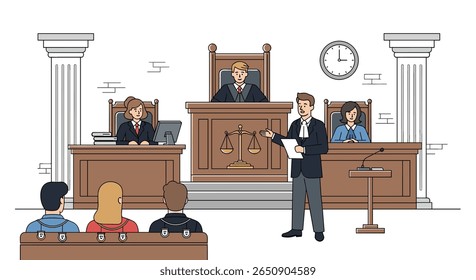 Os advogados apresentam seu caso perante o juiz e o júri em um ambiente de tribunal durante um processo judicial