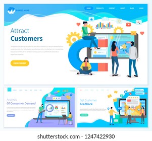 Attract Customers Analysis Of Consumer Demand Feedback From Users Vector. People Working On Laptops To Increase Popularity Of Website‎ Social Media