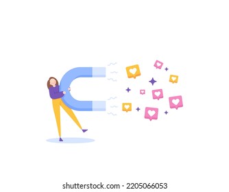 attract customers. auto like. Social media marketing and SNS or social network service. an influencer uses a magnet to get lots of hearts or positive comments. illustration concept design. elemen