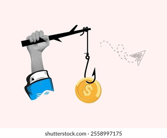 Attract earn. Big hand holds gold coin on stick. Motivate people. Collage Art Vector illustration