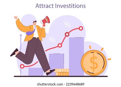Attract investitions. Effective business strategy, financial in conditions of economic stagnation. Economic activity decline, business-saving actions. Flat vector illustration