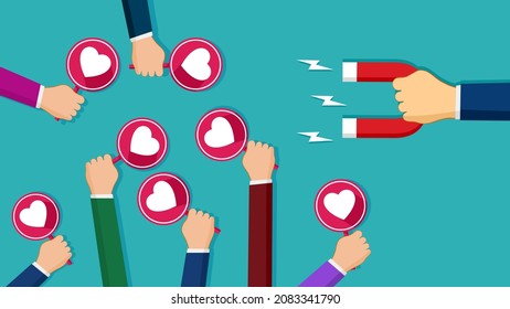 Attract likes with magnets. The concept of popularity. vector illustration