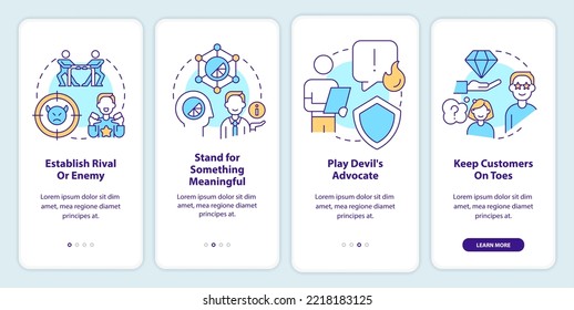 Attract more consumers onboarding mobile app screen. Client retention walkthrough 4 steps editable graphic instructions with linear concepts. UI, UX, GUI template. Myriad Pro-Bold, Regular fonts used