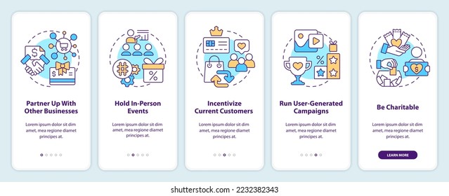 Attract more customers to business tips onboarding mobile app screen. Walkthrough 5 steps editable graphic instructions with linear concepts. UI, UX, GUI template. Myriad Pro-Bold, Regular fonts used