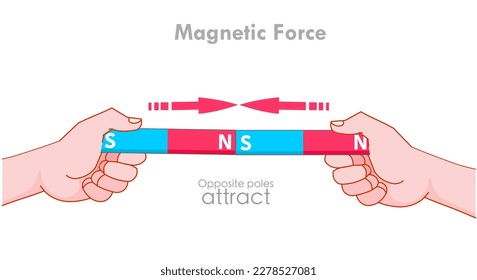 Attract poles opposite, unlike. Magnetic force. Cartoon hand hold, red, blue bar magnet area, domain. N, S poles repulsion. Pull each other. Field arrows. Physics, magnetism test. Illustration Vector