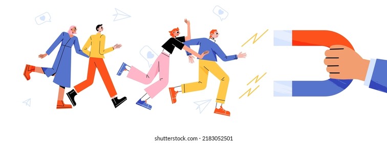 Attract and retention customers and loyalty clients concept. Vector flat illustration of people run to hand holding magnet. Business marketing strategy for increase and lead audience