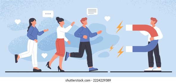 Attract and retention customers. Man with magnet calls young couple. Promotion in social networks and modern methods of marketing, advertising. Clients and users. Cartoon flat vector illustration
