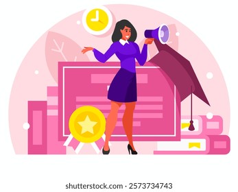 Attracting applicants concept. Businesswoman with megaphone. Attention announcement, important message. Loudspeaker or loud voice concept. Diploma and graduation hat. Education concept