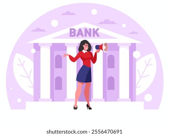 Attracting clients. Businesswoman with megaphone. Attention announcement, important message. Loudspeaker or loud voice concept. Bank building on leaves background. Credit organization. Vector graphics