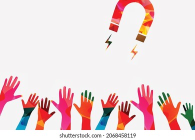 Attracting customers and buyers. Marketing strategy for attracting new users, leads, followers. Job recruitment. New candidates search. Magnet attracting people. Vector illustration