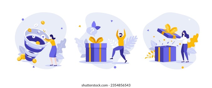 Attracting of customers flat concept vector illustrations set. Discount program for loyal clients cartoon composition. Sales funnel and marketing strategy idea for website, mobile, presentation