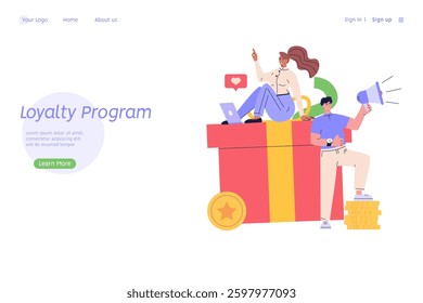 Attracting customers for money and gifts. Reward program and receiving rewards. Concept of earn reward loyalty, bonus, business award. Vector illustration for UI, mobile app