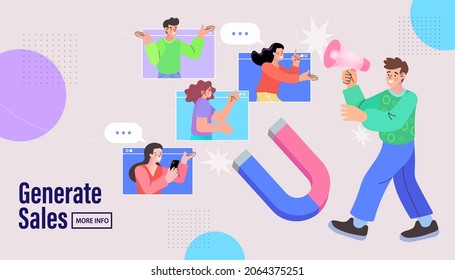 Attracting followers, follow us on social media, subscriber counting concept. Man Holding Magnet Attracting Likes, Feedback and Followers in Internet. Smm Influencer Strategy. Vector Illustration.