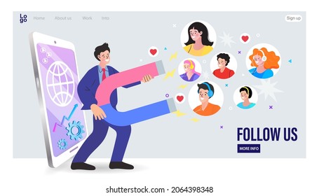 Attracting followers, follow us on social media, subscriber counting concept. Man Holding Magnet Attracting Likes, Feedback and Followers in Internet. Smm Influencer Strategy. Vector Illustration.