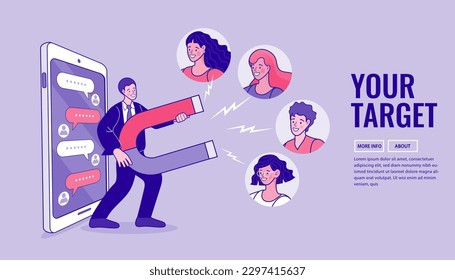 Attracting followers, follow us on social media, subscriber counting concept. Man Holding Magnet Attracting Likes, Feedback and Followers in Internet. Smm Influencer Strategy. Vector Illustration.