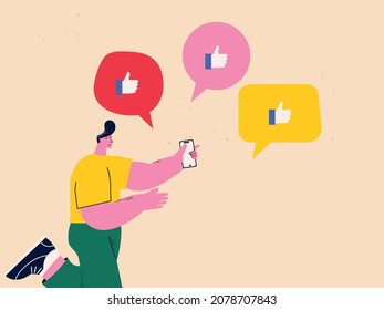 Attracting followers and users, positive feedback, customer reviews, customer satisfaction, recommendations, networking, social media marketing strategy flat vector illustration. Man using phone