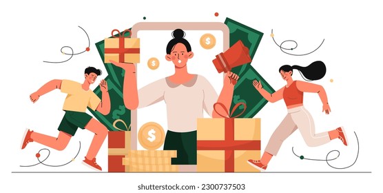 Attracting friends concept. Woman with loudspeaker and gift stands on screen of smartphone and invites new clients. Referral marketing and social media promotion. Cartoon flat vector illustration