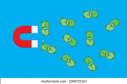 Attracting investment concept. Money business success green dollar red magnet vector illustration in blue background