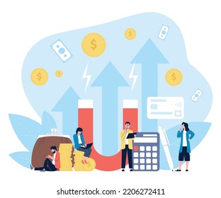 Attracting investment, wealth magnet. Woman earning money on computer, man with calculator count loan. Financial attract, recent business vector scene