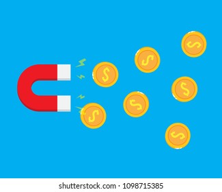 Attracting investments concept. Money business success green dollar gold coin red magnet vector illustration in blue background