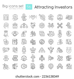 Attracting investors linear icons set. Startup strategy. Business development. Customizable thin line symbols. Isolated vector outline illustrations. Editable stroke. Quicksand-Light font used