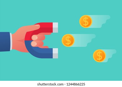 Attracting money concept. Businessman holding magnet attracting invest. Success in business. Vector illustration flat design. Isolated on background.