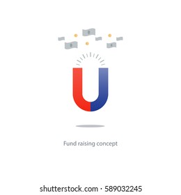 Attracting money, influx of finances, red blue magnet icon, fund raising, vector illustration