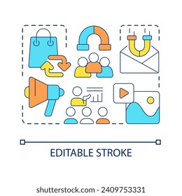 Atraer un nuevo icono de concepto de consejos para clientes. Estrategia de promoción. Obtenga más clientes para la ilustración de línea delgada de ideas abstractas de negocios. Dibujo de contorno aislado. Trazo editable