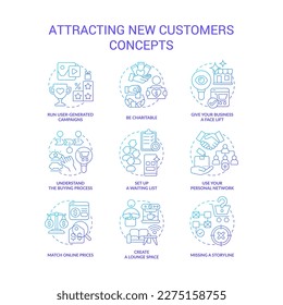 Attracting new customers blue gradient concept icons set. Finding clients. Promotion ideas for business thin line color illustrations. Isolated symbols. Roboto-Medium, Myriad Pro-Bold fonts used