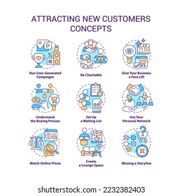 Attracting new customers concept icons set. Marketing strategy. Finding clients idea thin line color illustrations. Isolated symbols. Editable stroke. Roboto-Medium, Myriad Pro-Bold fonts used