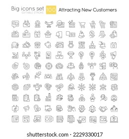 Atraer nuevos clientes grandes iconos lineales. Encontrar clientes potenciales. Símbolos de línea delgada personalizables. Ilustraciones aisladas del contorno vectorial. Trazo editable. Tipo de letra rápido y ligero utilizado