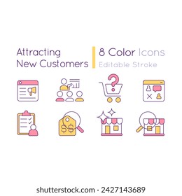 Attracting new customers RGB color icons set. Getting clients for business. Isolated vector illustrations. Simple filled line drawings collection. Editable stroke. Quicksand-Light font used