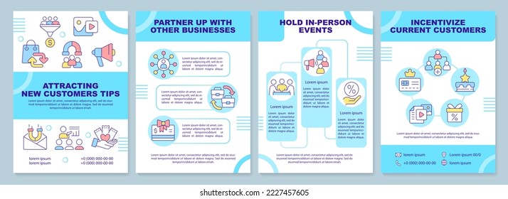 Attracting new customers tips brochure template. Leaflet design with linear icons. Editable 4 vector layouts for presentation, annual reports. Arial-Black, Myriad Pro-Regular fonts used
