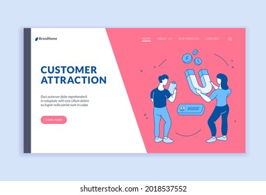 Attracting new online customers. Campaign marketing with web strategy of user consultation. Digital successful advertising on websites with active sales. Vector linear flat landing page