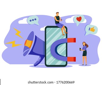 attracting online customers vector illustration.Big magnet and people with laptop around. Customer retention strategy, digital inbound marketing, customer attraction gradient banner. Characters.