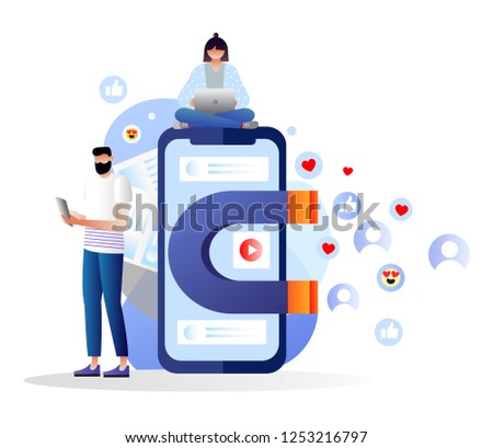 attracting online customers vector illustration.Big magnet and people with laptop around. Customer retention strategy, digital inbound marketing, customer attraction gradient banner. Characters.