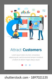 Atraer plantilla de página web de clientes en línea. Un equipo de gente está trabajando con un imán grande y con un portátil. Estrategia de retención de clientes, marketing de entrada digital, página de inicio de la página web