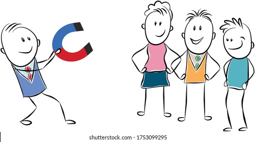 Attracting people, customers, clients and leads to business. Cartoon man influence or opinion leader holding magnet and get likes from audience. Line modern doodle stick figure vector illustration