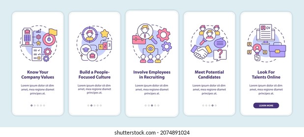 Attracting top clients onboarding mobile app page screen. Employees hunting walkthrough 5 steps graphic instructions with concepts. UI, UX, GUI vector template with linear color illustrations