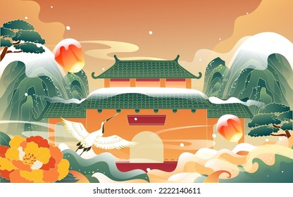 Atracción de edificios antiguos en la ciudad china, escena de nieve de invierno con montañas y nieve en el fondo, ilustración vectorial