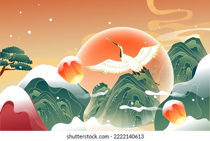 Attraction of ancient buildings in Chinese city, winter snow scene with mountains and snow in the background, vector illustration