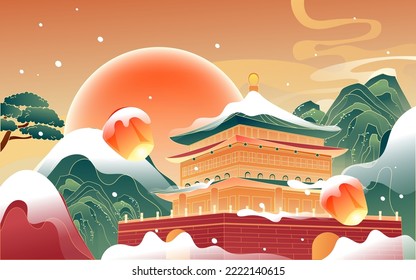 Attraction of ancient buildings in Chinese city, winter snow scene with mountains and snow in the background, vector illustration