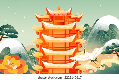 Attraction of ancient buildings in Chinese city, winter snow scene with mountains and snow in the background, vector illustration