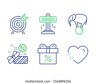 Attraction, Archery and Sale line icons set. Discount offer, Elephant on ball and Heart signs. Free fall, Attraction park, Gift box. Circus show. Holidays set. Line attraction outline icons. Vector