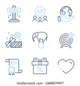 Attraction, Archery and Sale line icons set. Diploma certificate, save planet, group of people. Discount offer, Elephant on ball and Heart signs. Free fall, Attraction park, Gift box. Vector