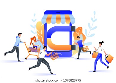 Attraction buyers to online store sale. Big magnet attracts customers, marketing business strategy concept. Vector trendy flat illustration.