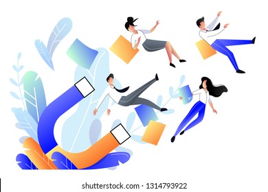 Attraction customers, buyers and marketing strategy concept. Big magnet attracts people, business metaphor. Vector flat style illustration.